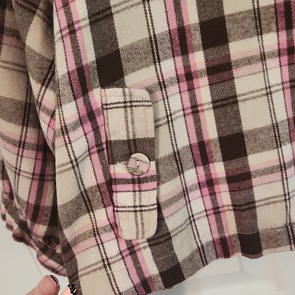 Nori Women's Pink & Brown Plaid Button Front Cropped Puff Sleeve Jacket Size LG - Picture 5 of 10